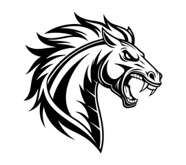 A high-contrast black and white vector illustration of a roaring horse's head,