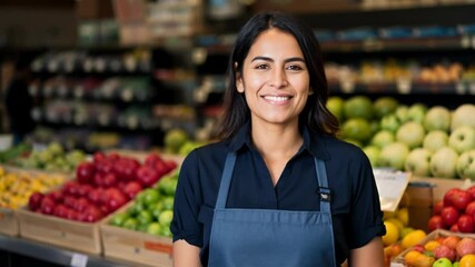 Smiling hispanic female supermarket fruit section worker looking at the camera	
