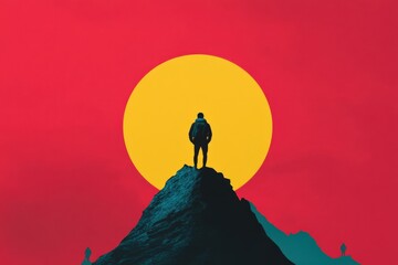 man on mountain peak silhouette with sun