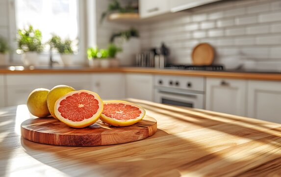 Sunlit Kitchen Tabletop with Juicy Grapefruit Halves