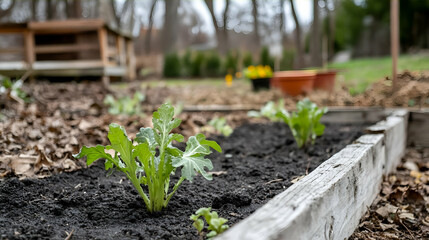 Small plants in raised garden bed, early spring, backyard gardening