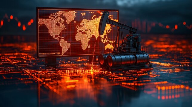 This image portrays an advanced oil extraction mechanism superimposed on a digital world map, highlighting the global connectivity and technological evolution of the oil industry.