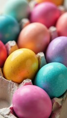 Vibrant dyed eggs, pastel shades, speckled textures, photography, Easter, holiday eggs