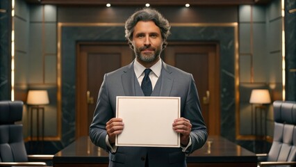 Confident businessman holding a blank certificate in a luxurious office.  He's smiling and looking directly at the camera. 