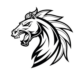 A high-contrast black and white vector illustration of a roaring horse's head,