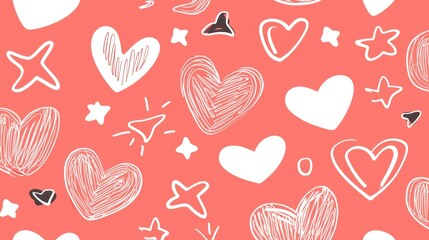 A vibrant coral background filled with hand-drawn hearts and stars in white and black, creating a playful and romantic pattern.