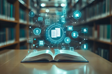 E-library concept with virtual book icons and digital knowledge access