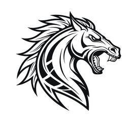 A high-contrast black and white vector illustration of a roaring horse's head,