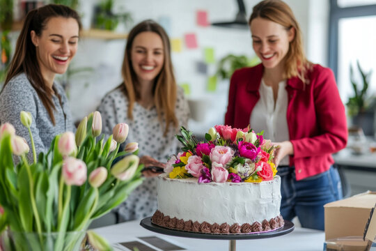 A female team celebrates March 8 at work with a decorated cake and flowers, creating a festive atmosphere in a modern office setting