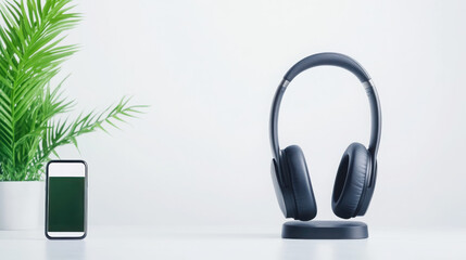 Modern wireless headphones and smartphone on minimalist desk setup for tech lovers