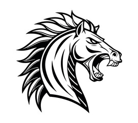 A high-contrast black and white vector illustration of a roaring horse's head,