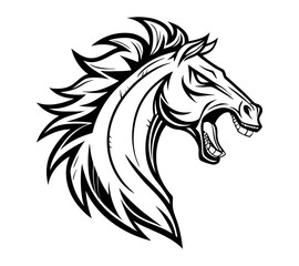 A high-contrast black and white vector illustration of a roaring horse's head,