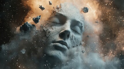 Ethereal Dreamscape with Floating Head and Cosmic Elements  