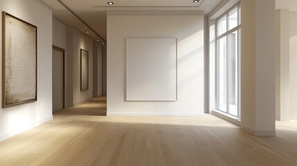 Obraz premium Modern Minimalist Gallery Interior Design: Sunlight Illuminates Empty Art Gallery Space