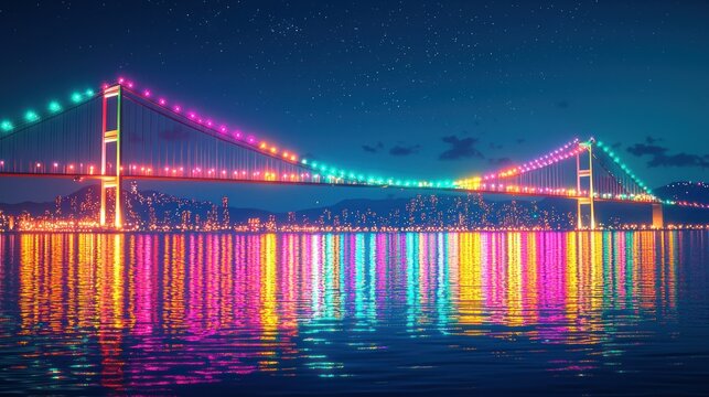 Night cityscape bridge lights reflection harbor