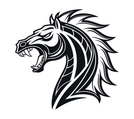 Obraz premium A high-contrast black and white vector illustration of a roaring horse's head,