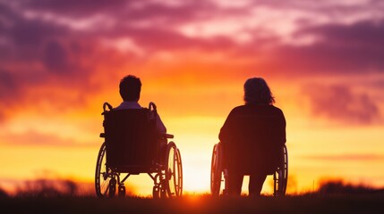two individuals in wheelchairs watching sunset