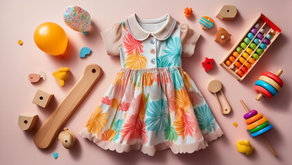 Fototapeta premium Colorful Floral Baby Dress with Toys - Perfect for Spring and Summer