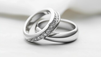 A close-up of two elegant silver wedding rings resting on soft white satin fabric, symbolizing love, marriage, and lifelong commitment.