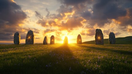 ancient stone circle sunrise, a stunning sunrise over an ancient stone circle, casting a golden light on the standing stones, representing the equilibrium at the spring equinox