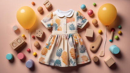 Obraz premium Adorable Baby Dress with Colorful Leaf Print and Wooden Toys