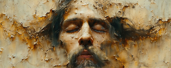 Artistic depiction of Jesus Christ emerging from textured surface, symbolizing resurrection, faith and Christian spirituality