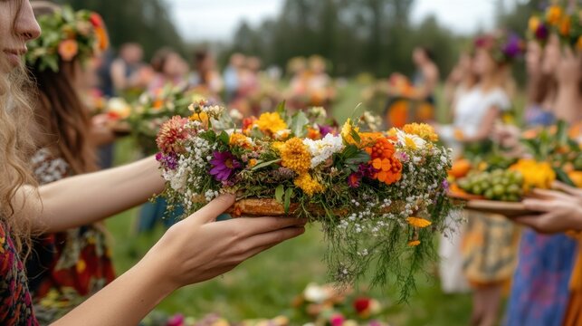 spring equinox celebration, a lively spring equinox celebration with people adorned in floral crowns and flowing attire, partaking in a nature ritual with fresh flowers and fruits