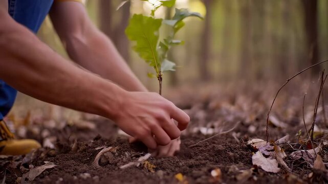 Gardener planting a young oak tree sapling in forest