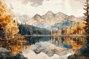 Fototapeta premium Autumn Watercolor Landscape of Mountains, Forests, and a Lake for Seasonal Art Projects