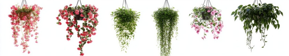 Hanging flower baskets, white background, home decor