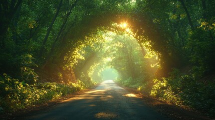 Sunlit Road Through Lush Green Forest Canopy