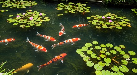 Koi Fish Swimming in Pond with Lily Pads and Water Lilies