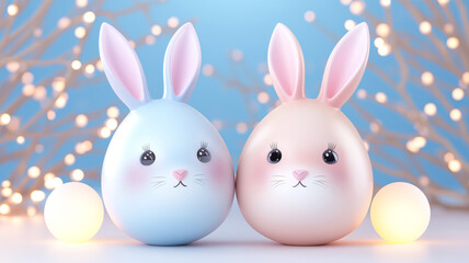 Obraz premium Two cute toy Easter bunnies with pink ears stand on a blue background with branches and lights. Easter celebration and holiday decor concept with toy bunnies