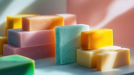 Colorful Soap Bars Displayed with Soft Natural Light and Pastel Background