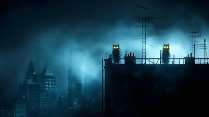 Pixel Art Cats On Dark City Rooftop At Night