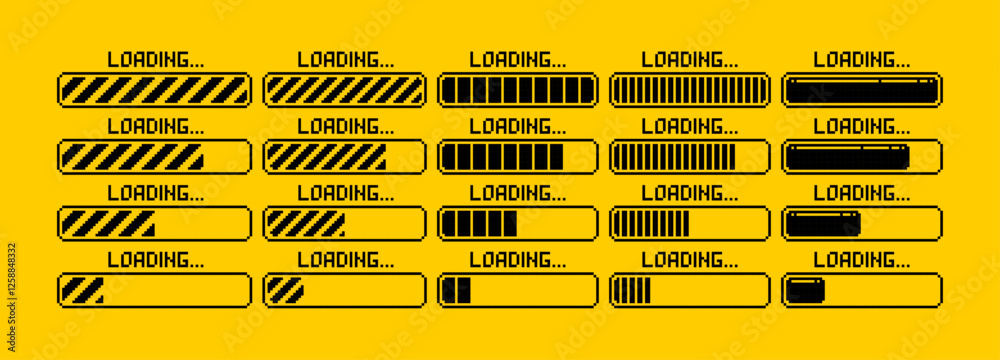Aufkleber pixel art loading bar icons. Vector illustration in 1 bit retro pixel style on a yellow background. Design elements for games.or mobile apps.