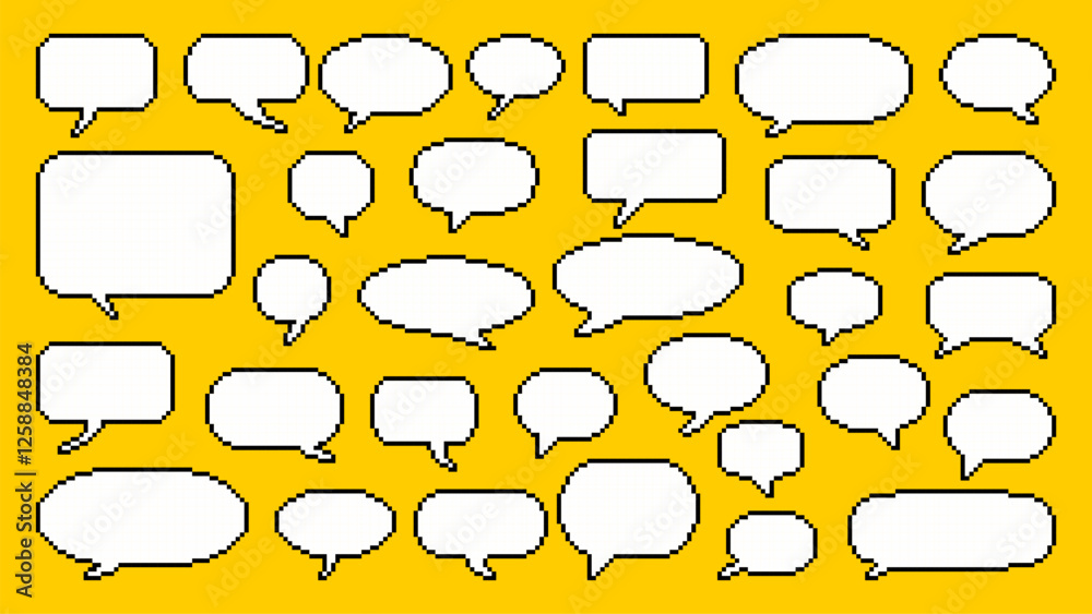Poster A set of pixel art speech bubbles in white on a yellow background. 8-bit dialog box. retro game y2k design. Pixelated vector illustration.