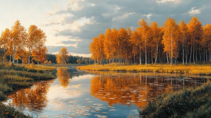 Obraz premium Autumnal Birch Trees Reflecting in Calm Water