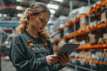 Efficient Female Warehouse Worker Utilizing Technology to Manage Inventory in Modern Supply Chain Logistics Setting