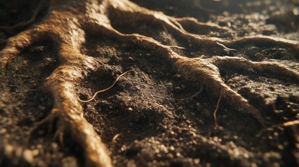 Close-up of exposed tree roots in dark soil.
