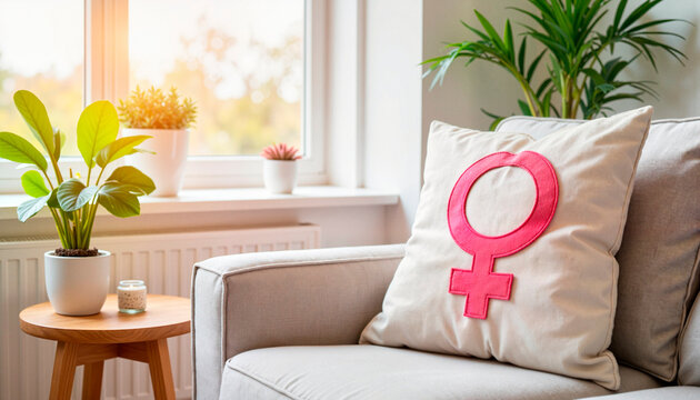 Decorative female symbol on cozy pillow in living room, empowerment