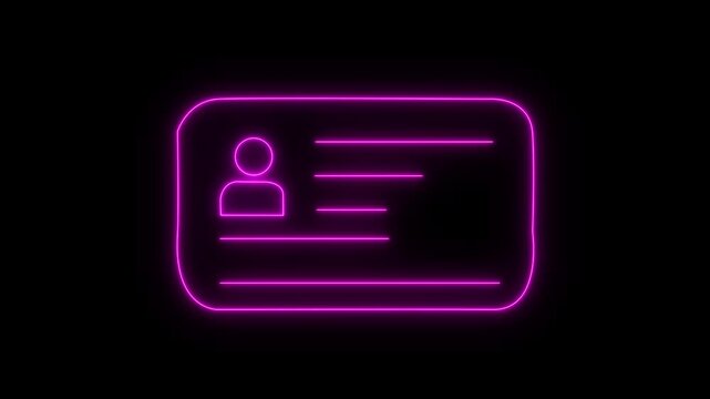 Neon id card icon shining on black background. personal identification glowing sign.