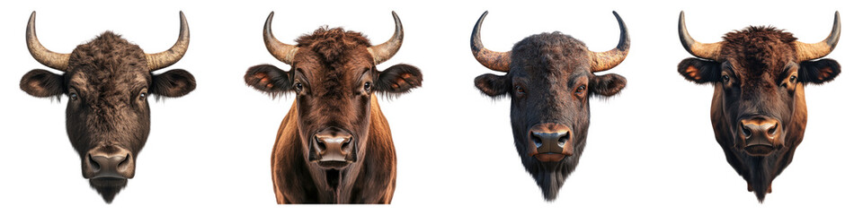 Brown bison isolated on transparent background ,PNG, set of