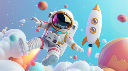 A 3d render spaceman astronaut flying with rocket 3d illustration design.