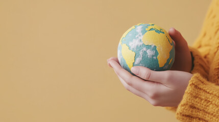 Conceptual image of a hand holding a small earth model on beige background