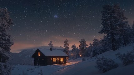 Illuminated Cabin Nestled In A Snowy Winter Mountain Forest