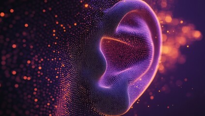 Digital ear graphic, abstract background, glowing particles, medical visualization