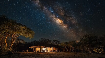 Illuminated lodge under a breathtaking night sky showcasing the Milky Way