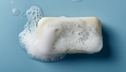 Fototapeta premium soap bar with foam on grayish blue background top view