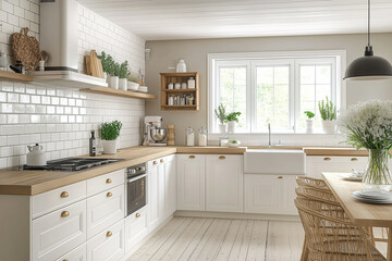 Fototapeta premium Scandinavian classic kitchen with wooden and white details, minimalistic interior design.